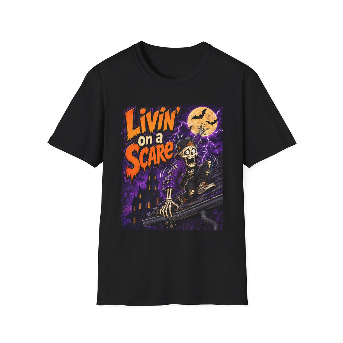 Livin on a Scare T-Shirt | Halloween Skeleton Moon Design