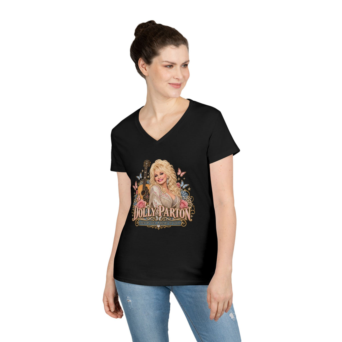 Country Music Singer Portrait T-Shirt Dolly Parton | Vintage Guitar Floral Design