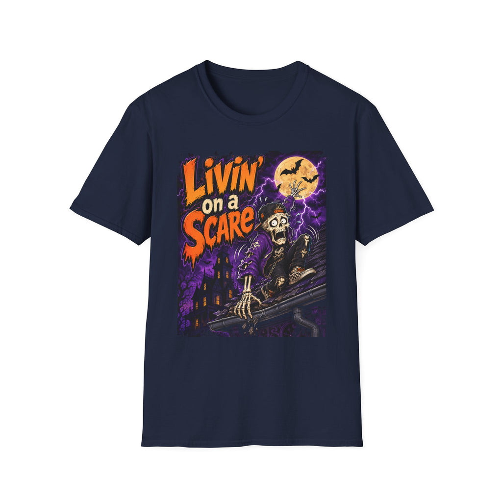 Livin on a Scare T-Shirt | Halloween Skeleton Moon Design