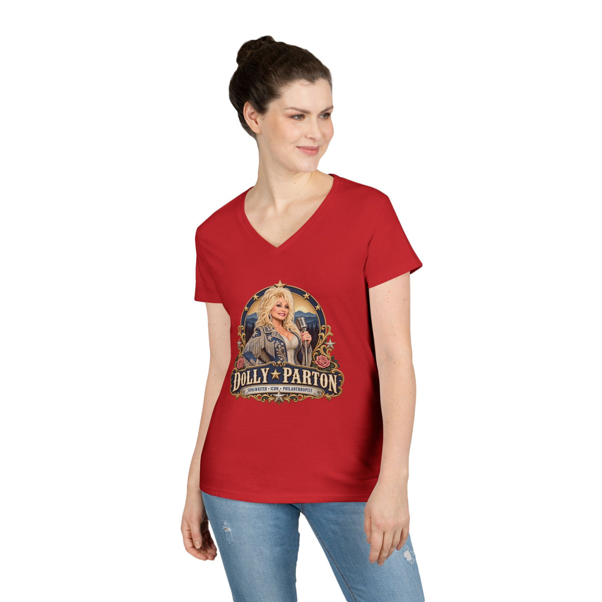 Dolly Parton Portrait V-Neck Tribute T-Shirt | Country Music Icon Tee