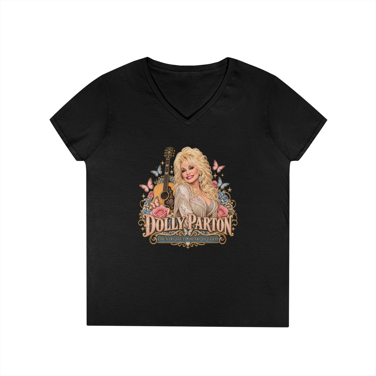 Country Music Singer Portrait T-Shirt Dolly Parton | Vintage Guitar Floral Design