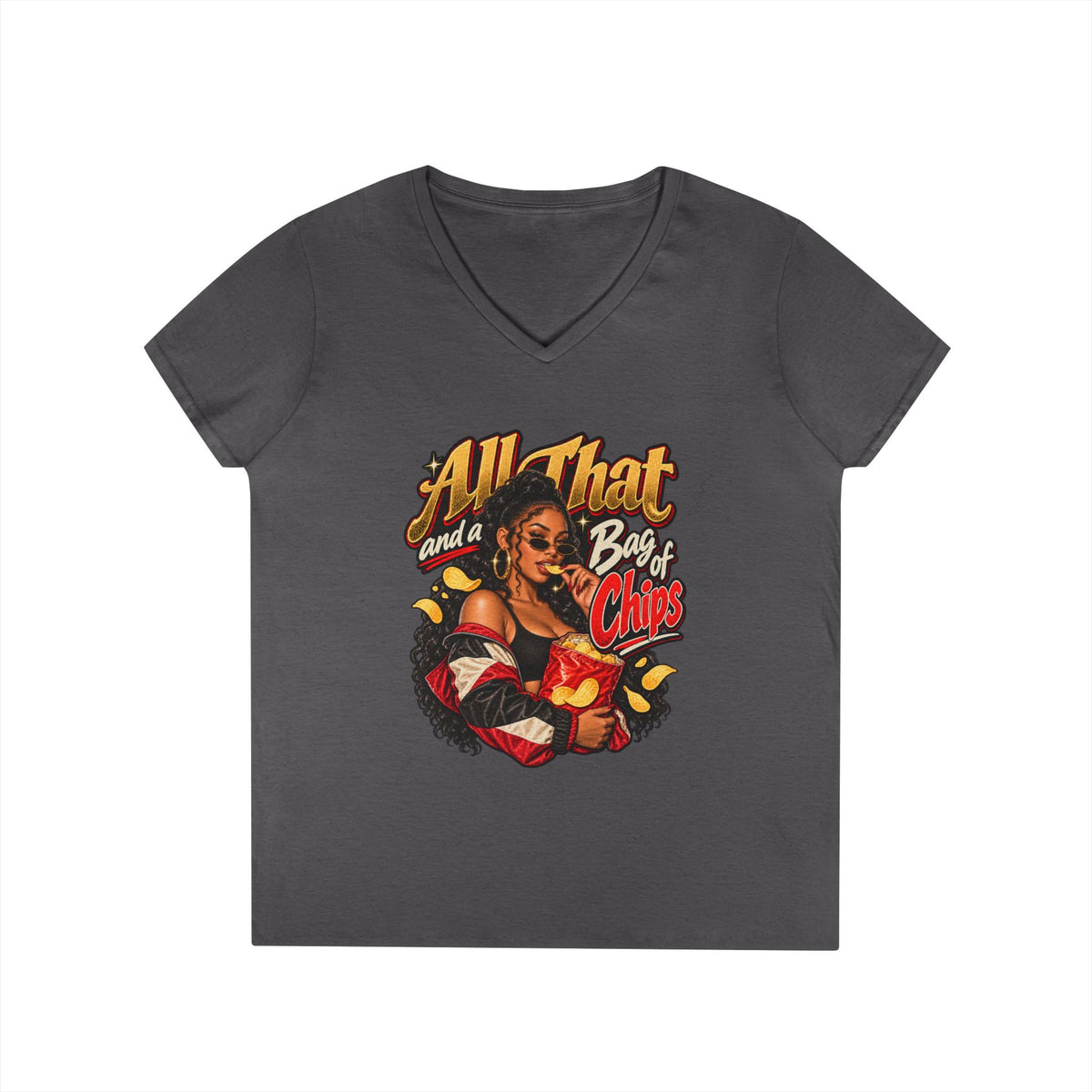 All That and a Bag of Chips V-Neck T-Shirt | Retro Pinup Snack Graphic | 90s 00s Hip Hop Pop Culture Nostalgia