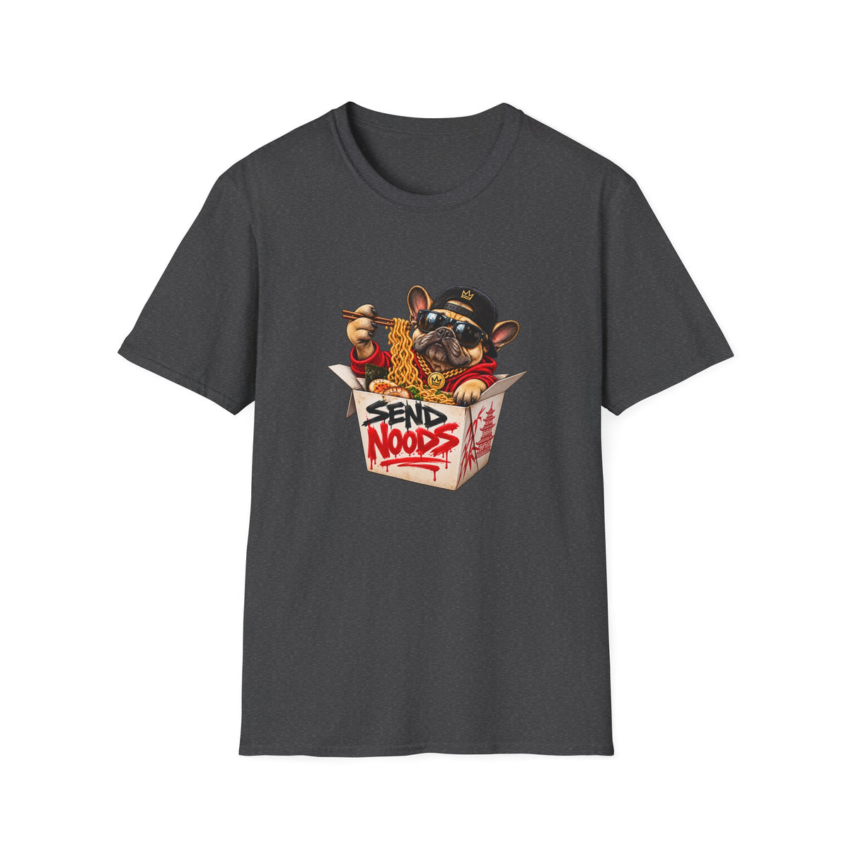 Send Noods Ramen Dog T-Shirt | Cute Dog in Noodle Box Graphic Tee | Pop Culture Noodles