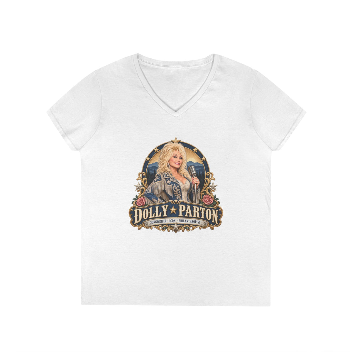 Dolly Parton Portrait V-Neck Tribute T-Shirt | Country Music Icon Tee