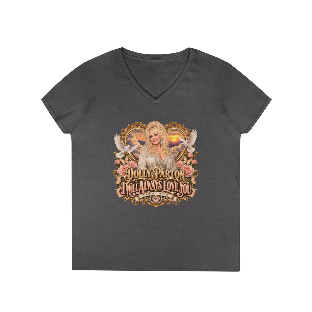 Dolly Parton Portrait V-Neck T-Shirt Pink | Dolly Parton Always Love You | Memorial Tribute