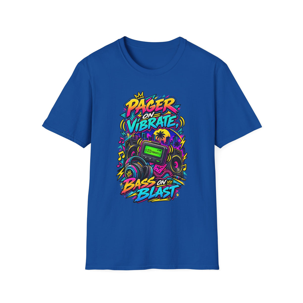 Pager on Vibrate Retro 90s Graphic T-Shirt | Bass on Blast Neon Boombox | 1990's 2000's Nostalgia Throwback