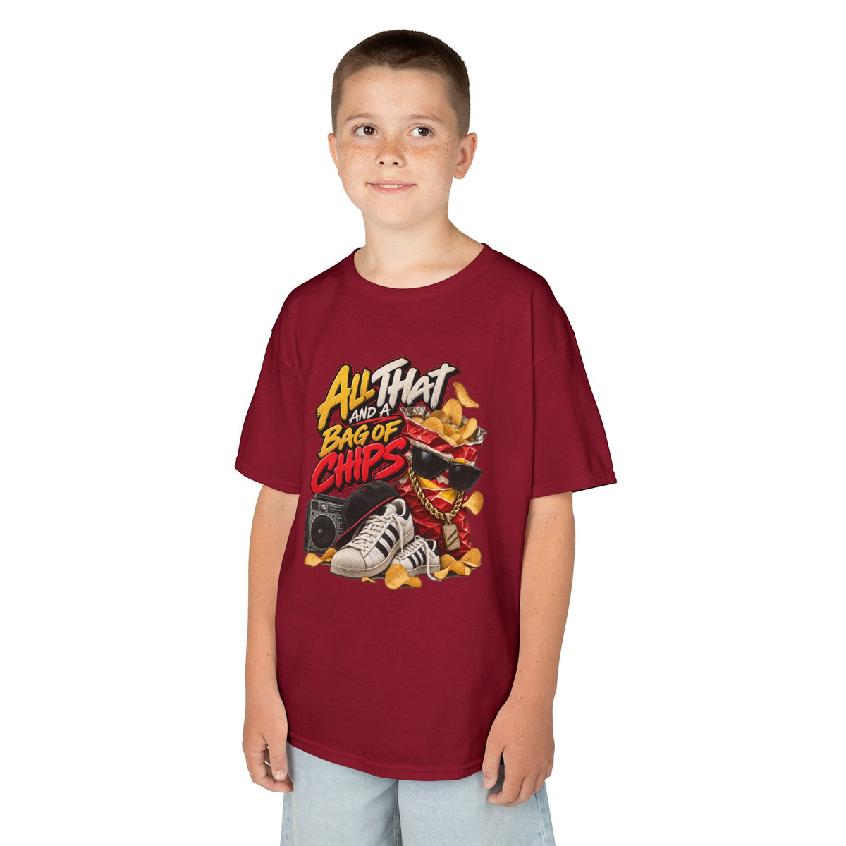 All That and a Bag of Chips Kid Tee | Retro Chips Cartoon Snack Design | 90's 00's Hip Hop Pop Culture