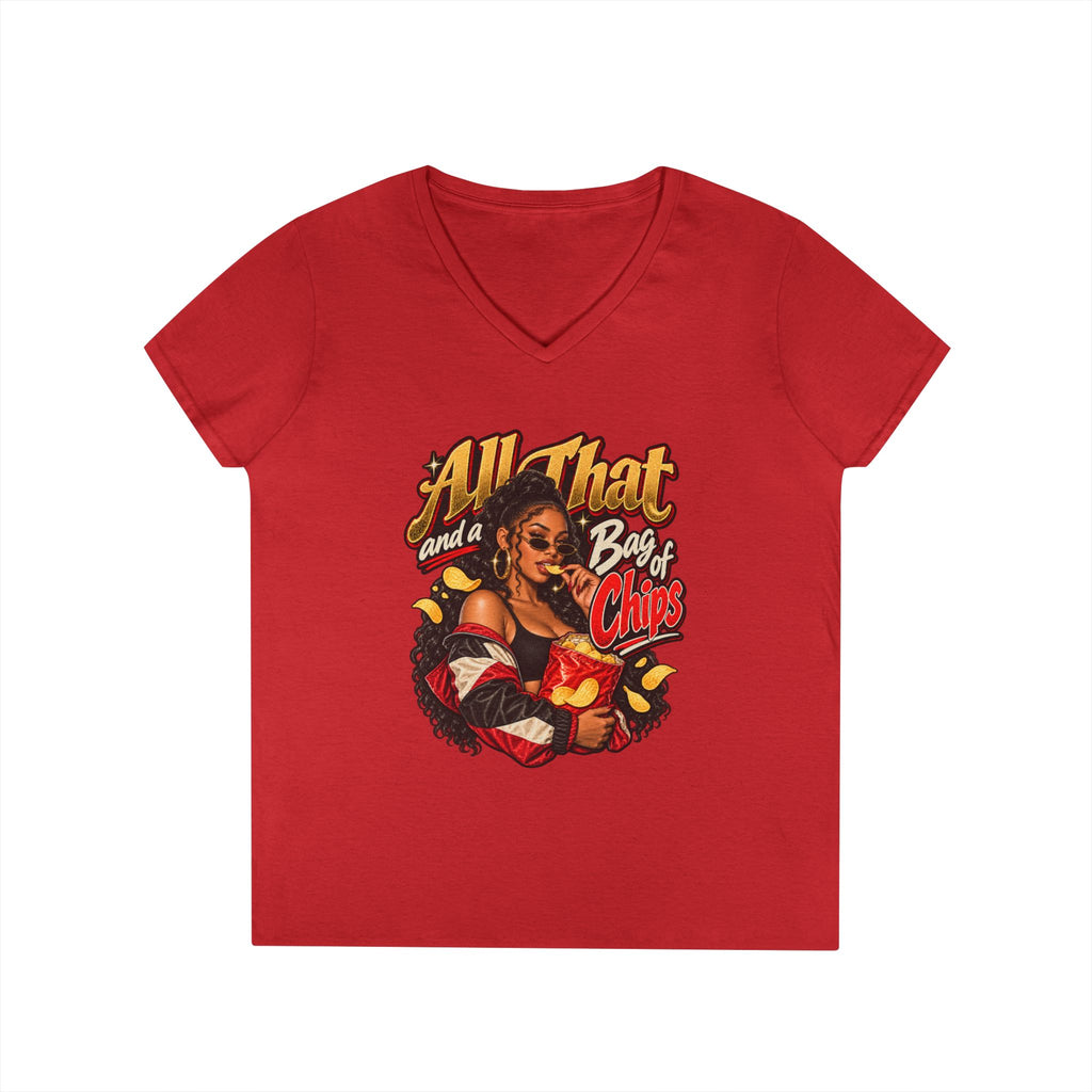 All That and a Bag of Chips V-Neck T-Shirt | Retro Pinup Snack Graphic | 90s 00s Hip Hop Pop Culture Nostalgia