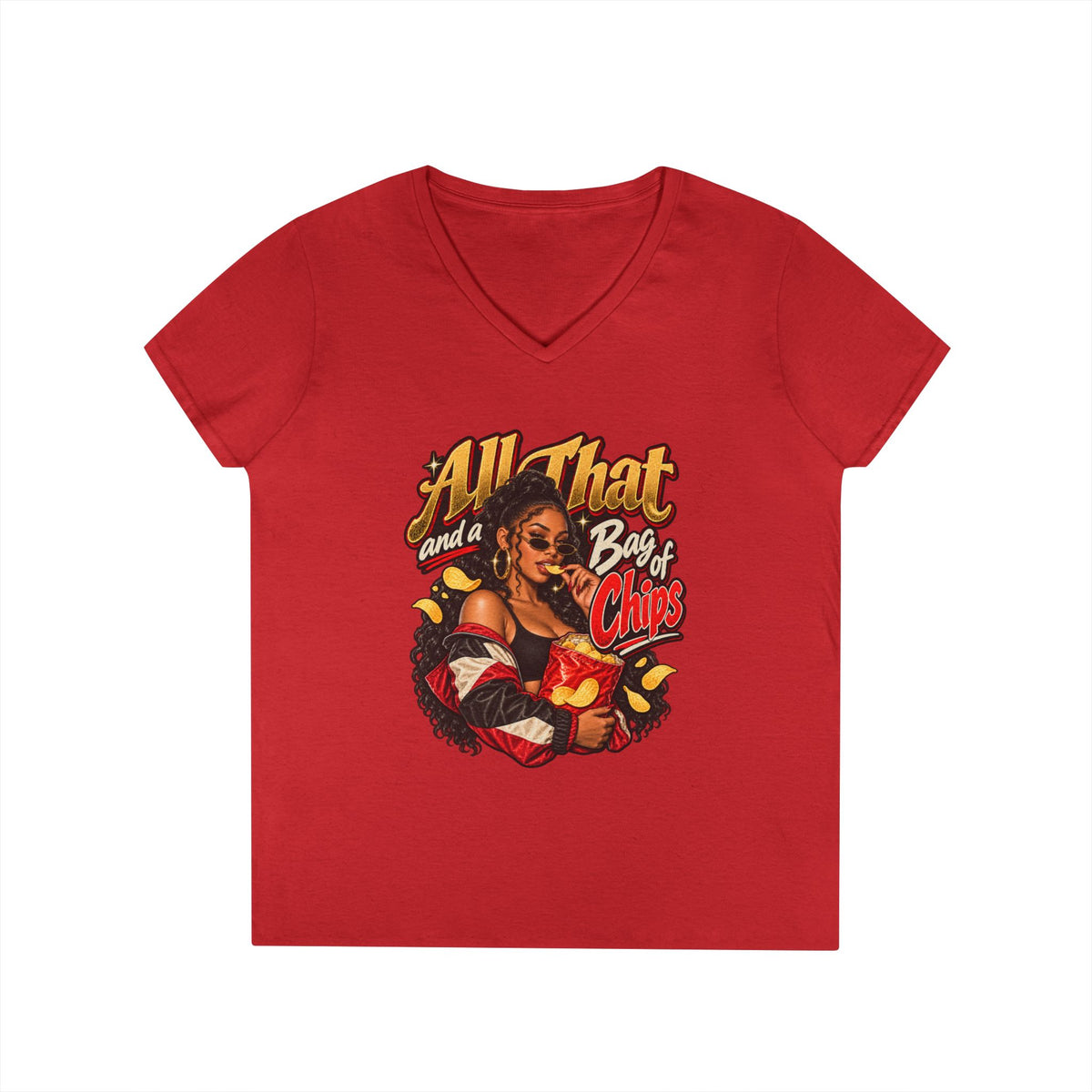 All That and a Bag of Chips V-Neck T-Shirt | Retro Pinup Snack Graphic | 90s 00s Hip Hop Pop Culture Nostalgia