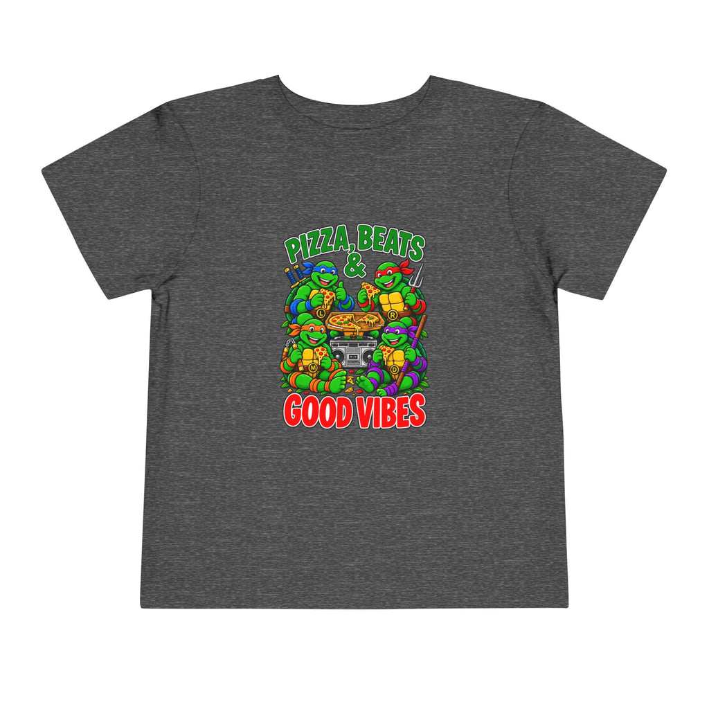 Pizza, Beats and Good Vibes Toddler Tee | Cartoon Pizza Party Design