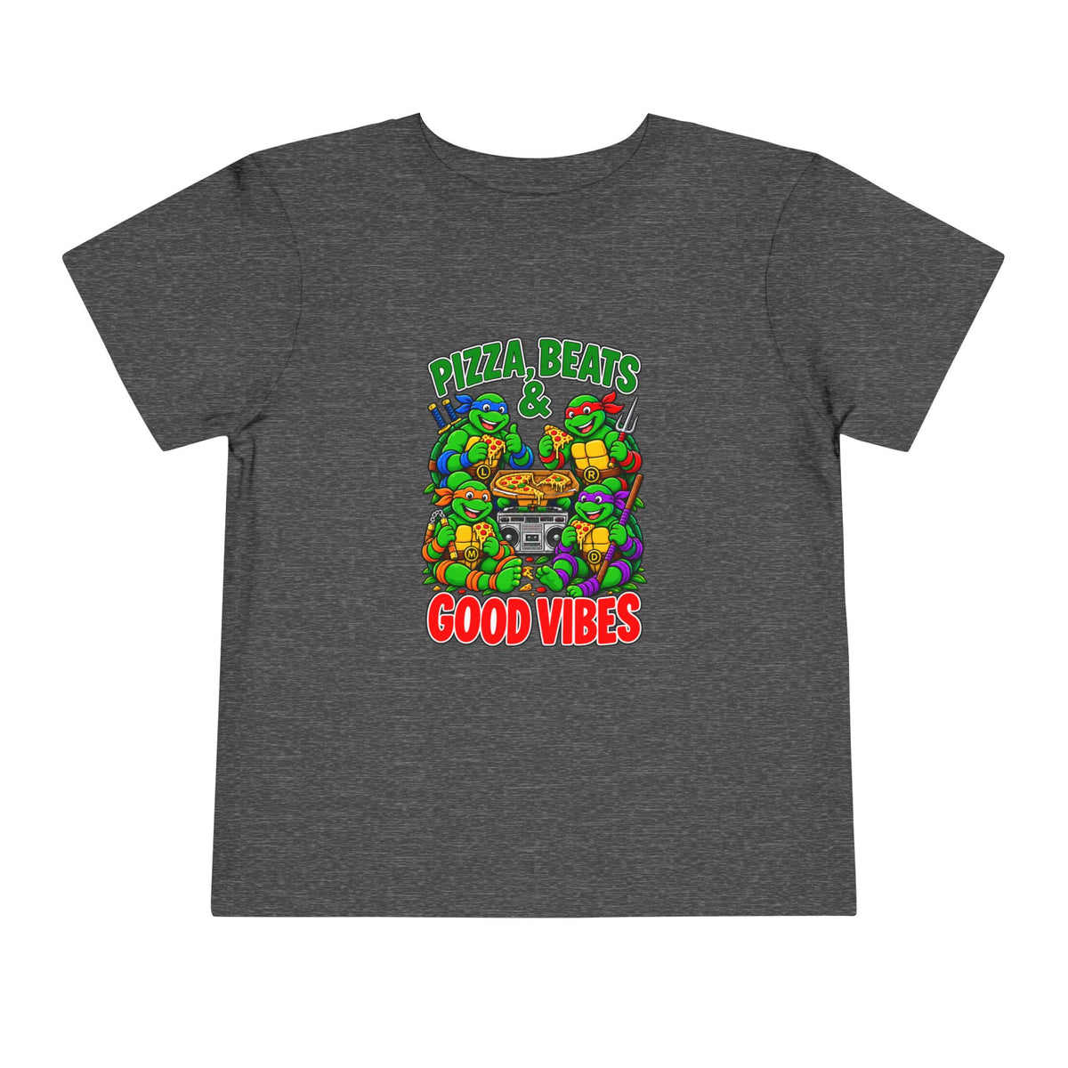 Pizza, Beats and Good Vibes Toddler Tee | Cartoon Pizza Party Design