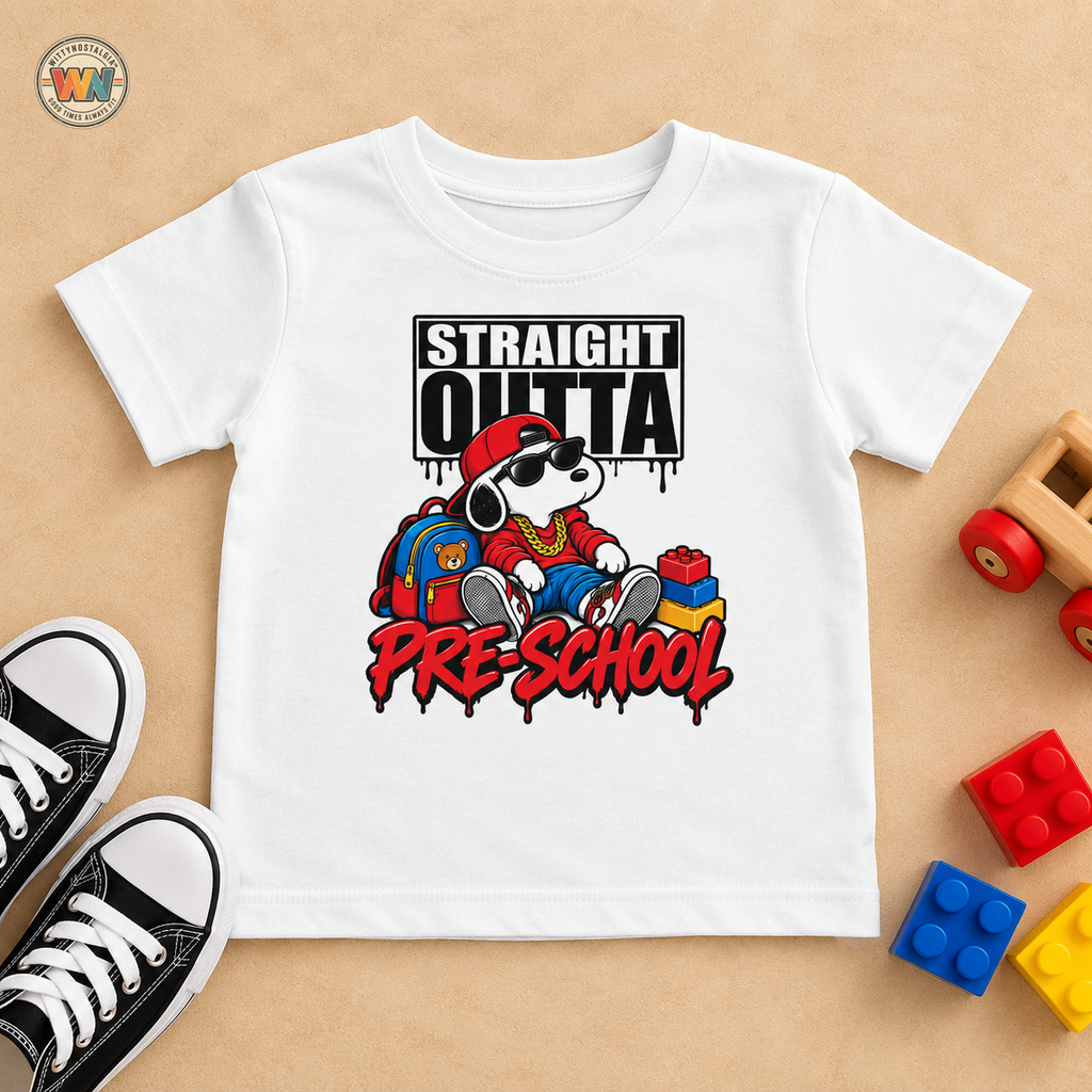 Straight Outta Pre-School Toddler Tee | Cool Cartoon Dog School Shirt | 90s 2000s Retro Nostalgic Tee