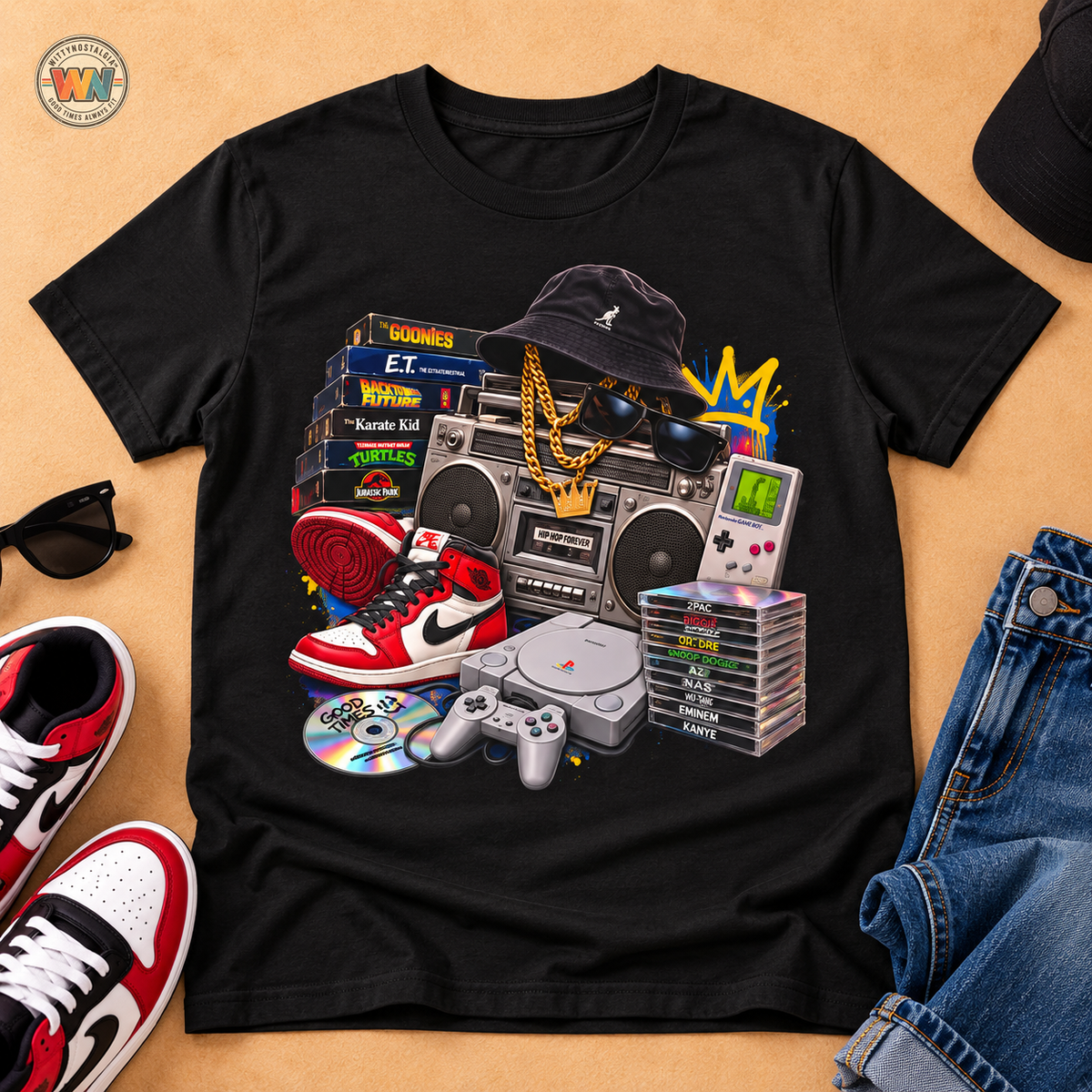 Retro Hip Hop Collage Tee | Boombox, Sneakers, Cassette, Game Handheld