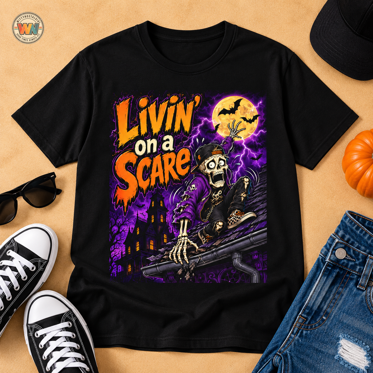 Livin on a Scare T-Shirt | Halloween Skeleton Moon Design