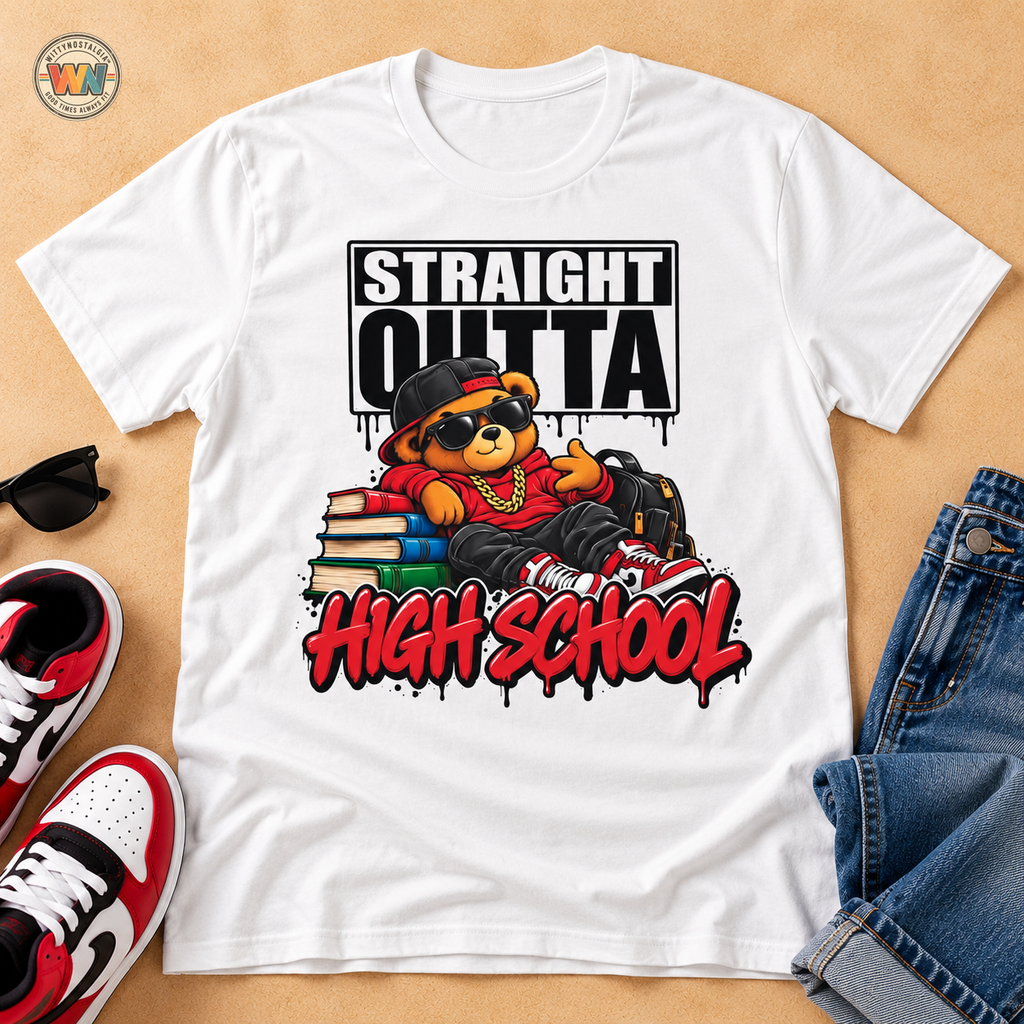 Straight Outta High School T-Shirt | Adult 90s 2000s Nostalgia Graduate, Class of 2026 2027 School Design