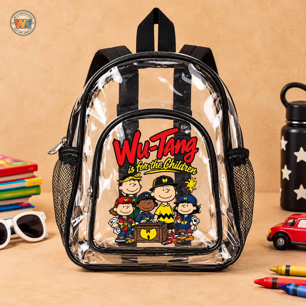 Wu-Tang Is for the children Peanuts characters Clear Stadium Backpack | Transparent School Bag | 90s 00s Hip Hop Nostalgia Millennial Era