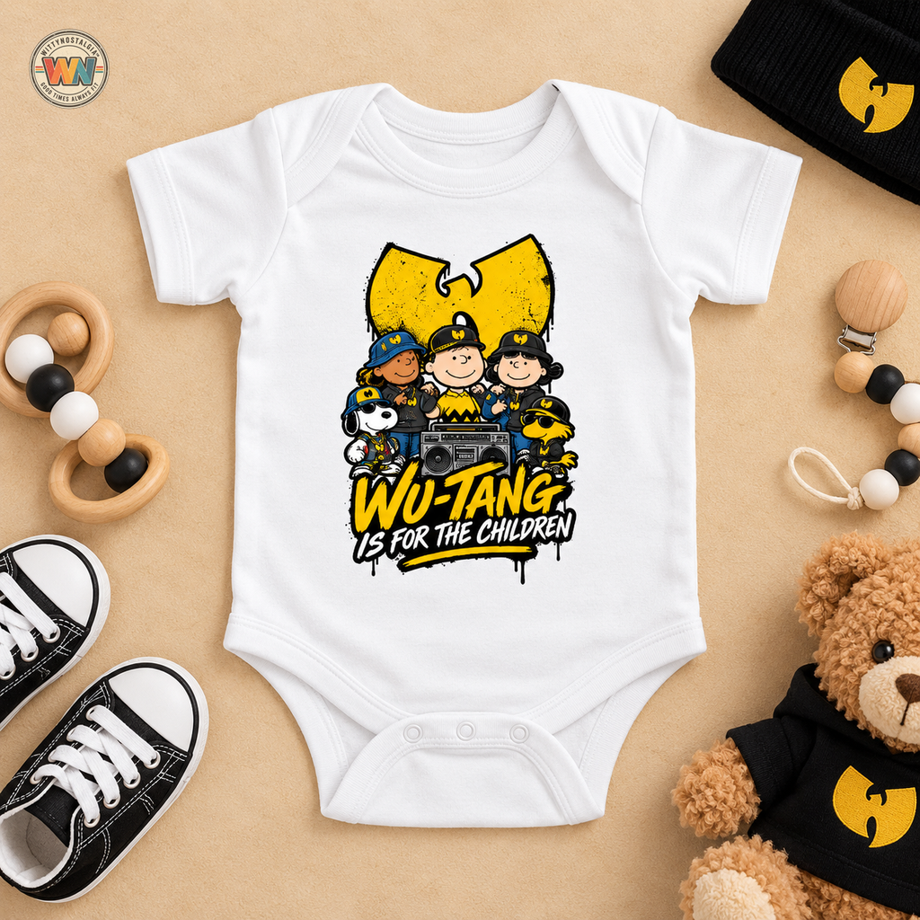 Wu-Tang Is For the Children Yellow Cartoon Crew Infant Bodysuit | Hip Hop Logo Baby Onesie | 90s 00s Hip Hop Nostalgia Pop Culture
