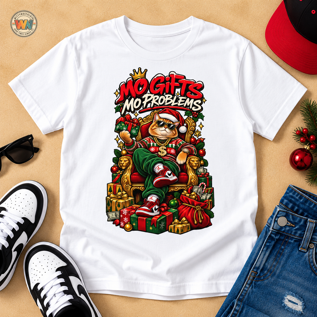 Mo Gifts Mo Problems T-Shirt | Funny Santa Cat Christmas Tee | 1990's 2000's Nostalgia Throwback