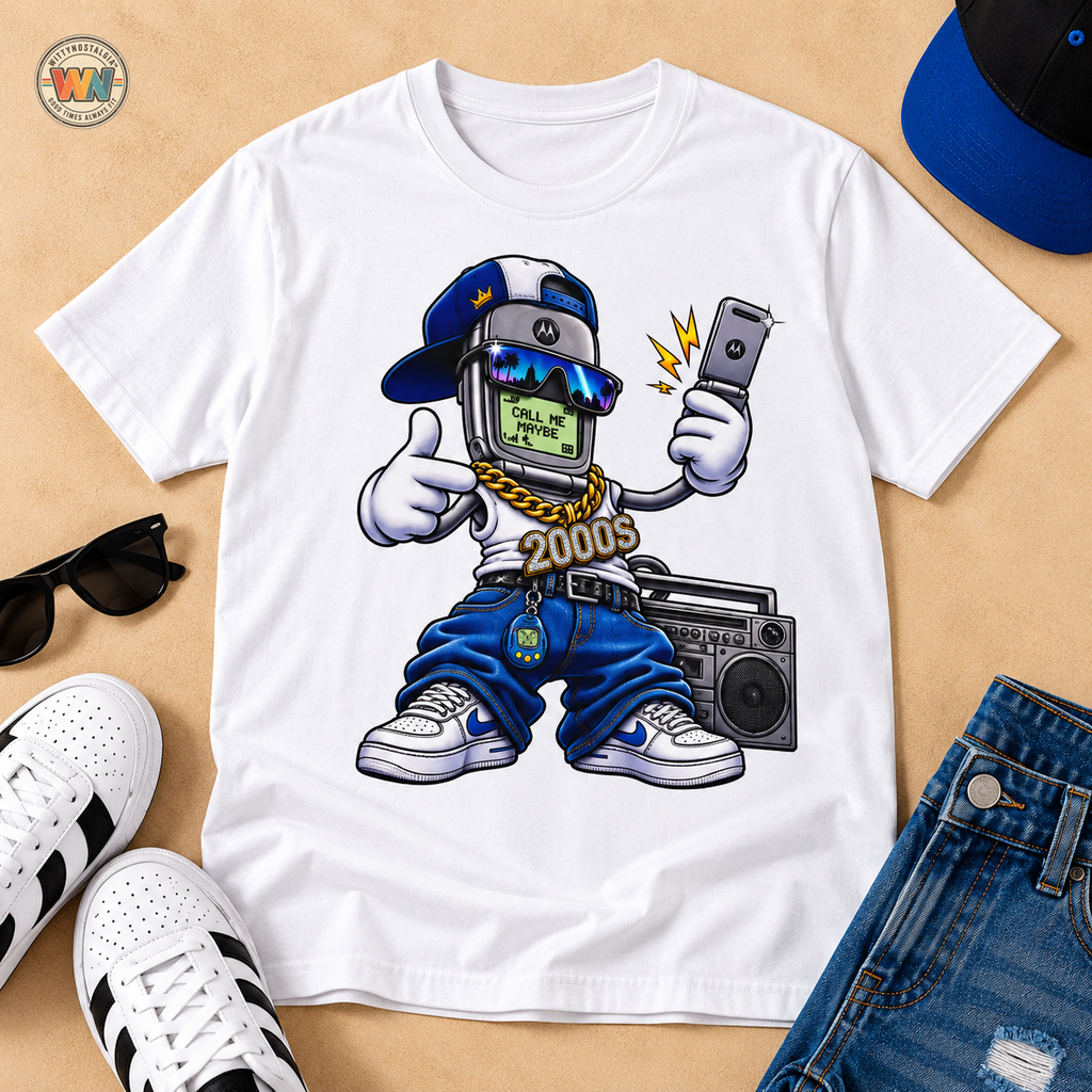 Money Phone Character T-Shirt | Hip Hop Cartoon Cellphone Selfie Tee | 1990's 2000's Nostalgia Throwback