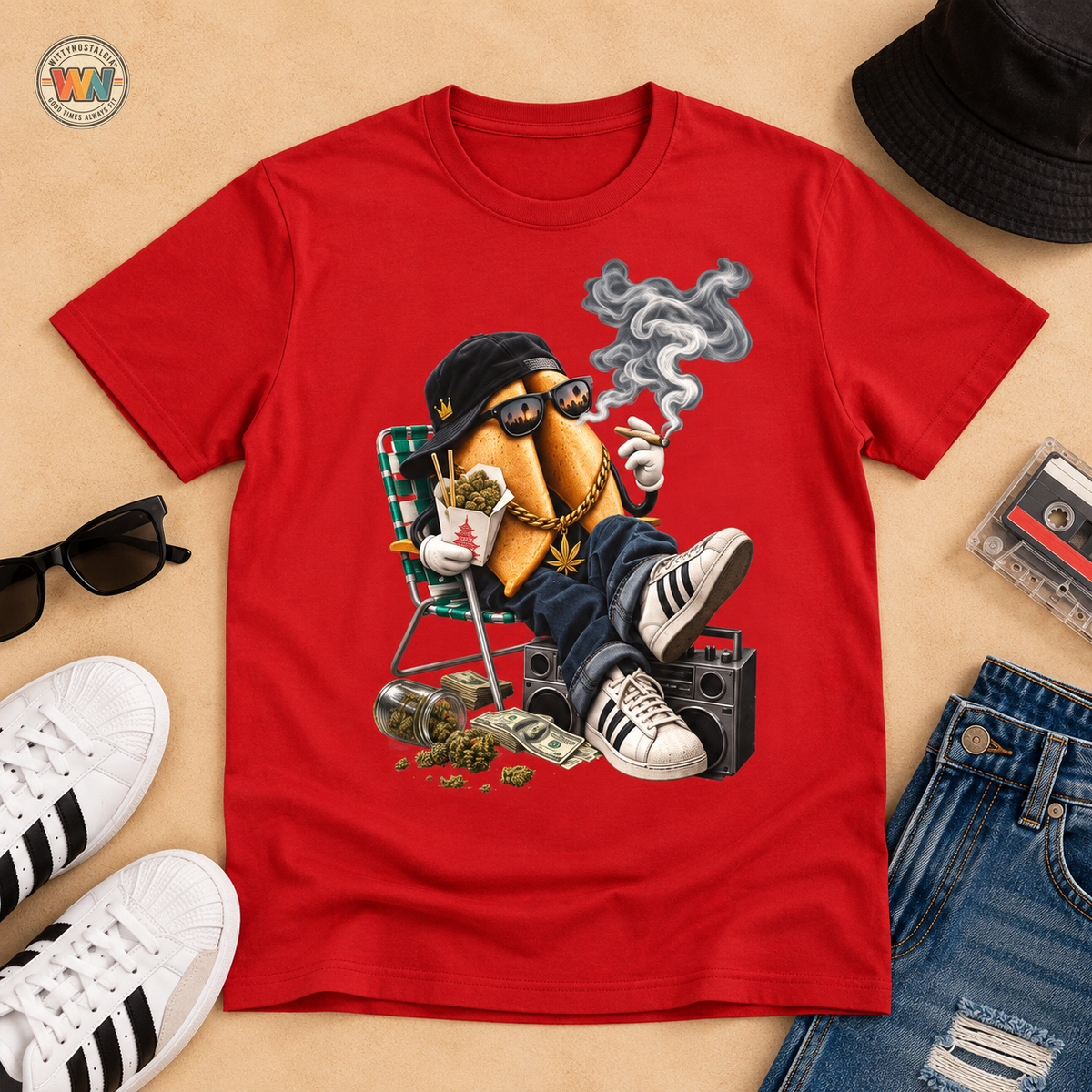 Chill Hot Dog Character T-Shirt | Smoking Cartoon Sausage Graphic | 1990's 2000's Nostalgia Throwback