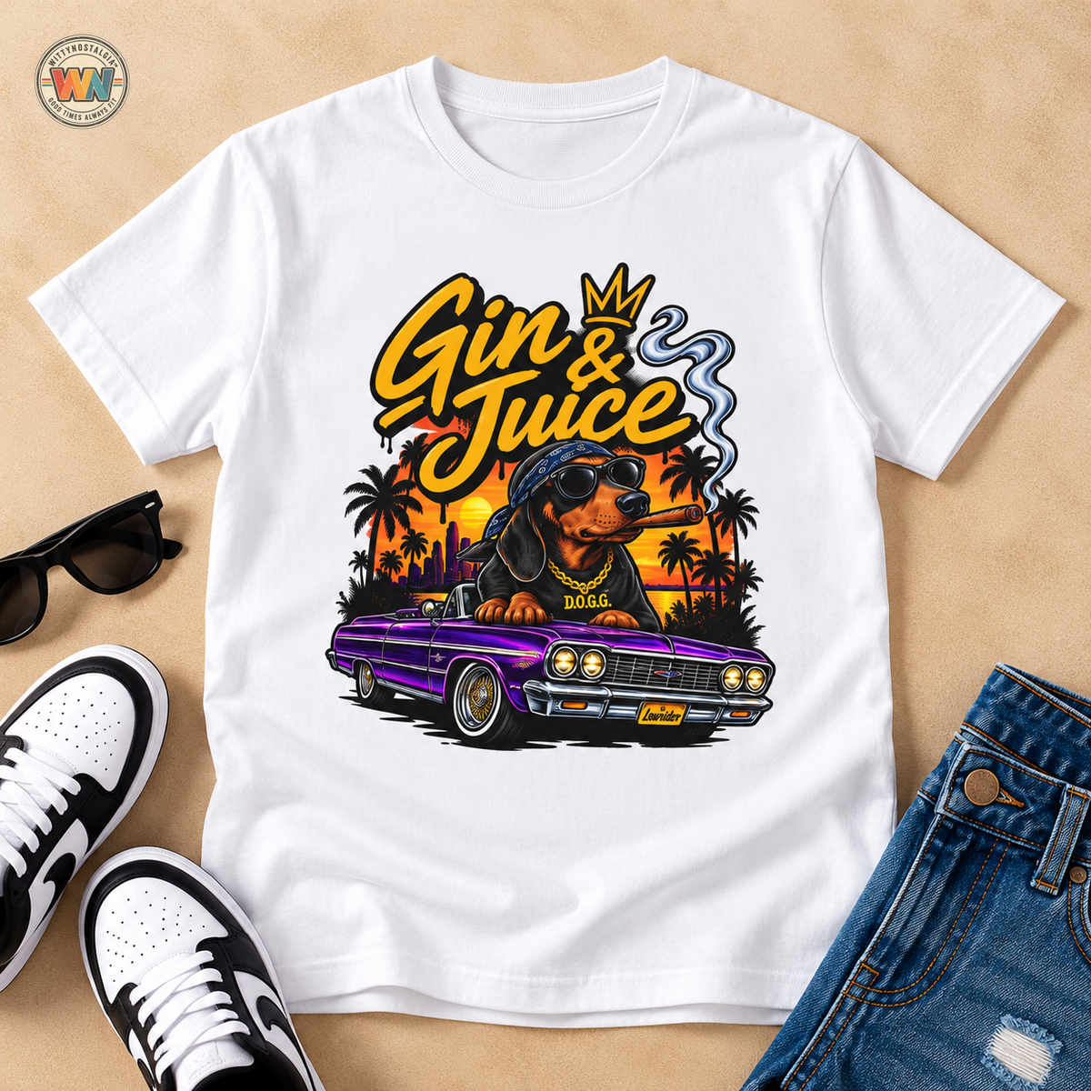 Gin & Juice Graphic Tee | Lowrider Dog Sunset Illustration | 1990's 2000's Nostalgia Throwback