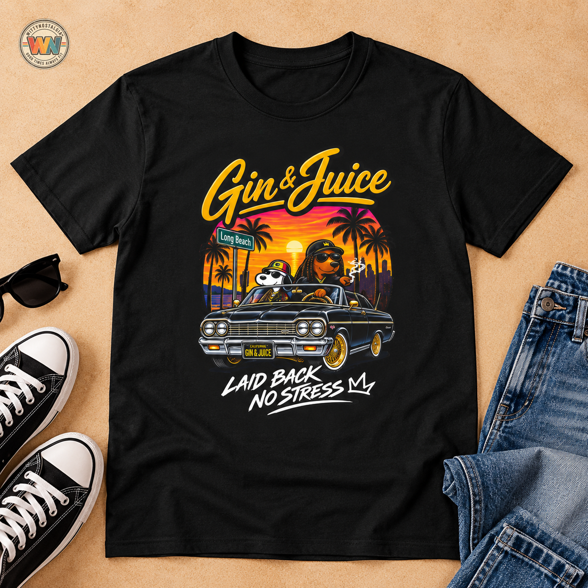 Gin & Juice Beach Sunset T-Shirt | Laidback Lowrider Palm Tree Design |  1990's 2000's Nostalgia Throwback