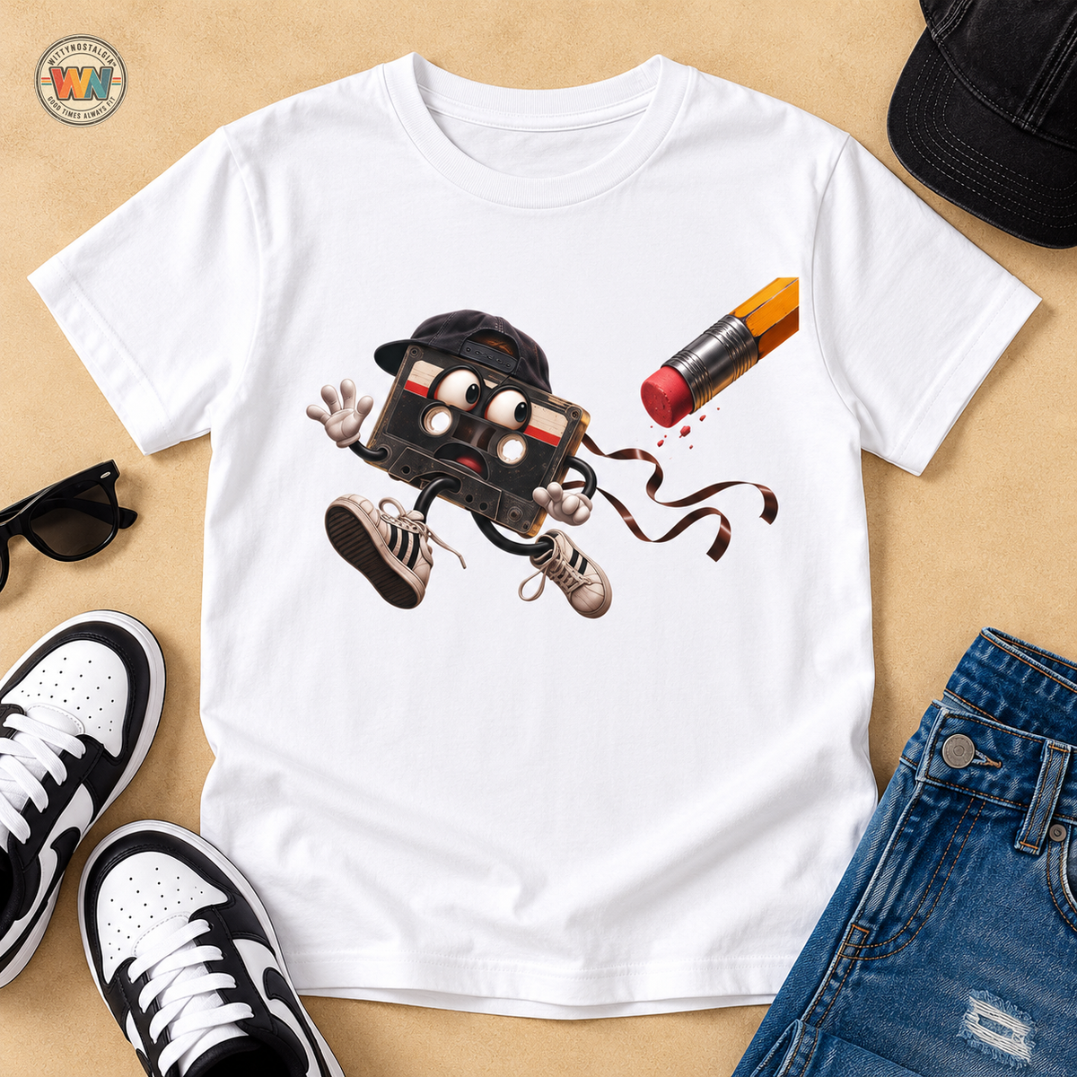 Cute Retro Cassette Tape Running, T-Shirt 1990's 2000's Nostalgia Throwback