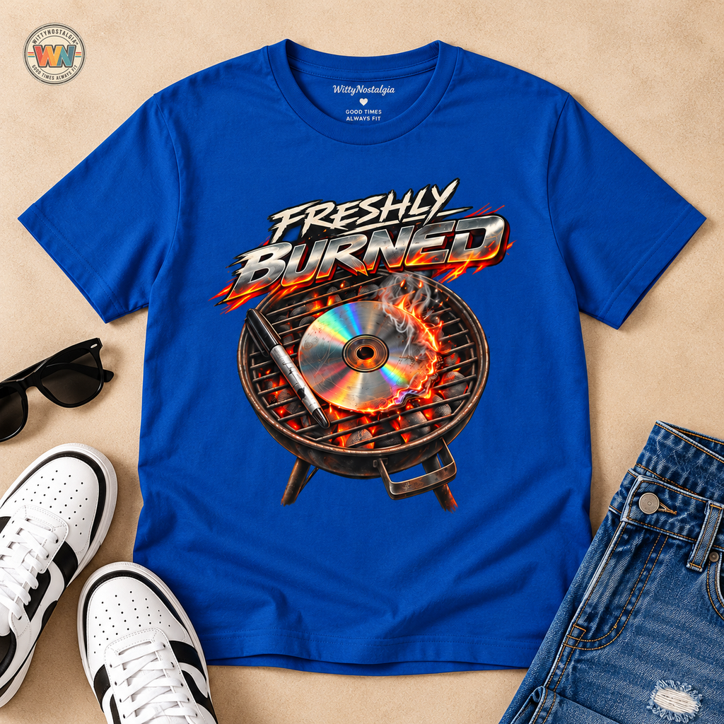 Freshly Burned CD Grill Graphic T-Shirt | Retro Metal Flame Design | 1990's 2000's Nostalgia Throwback
