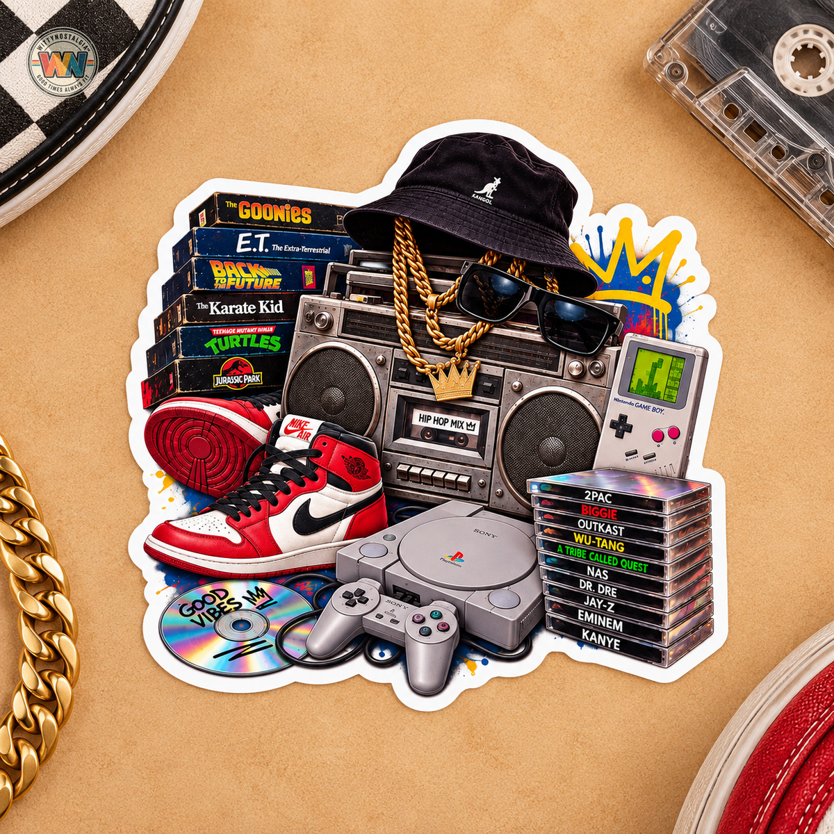 90s Retro Collage Kiss-Cut Sticker | Boombox, Gamboy, Sneakers