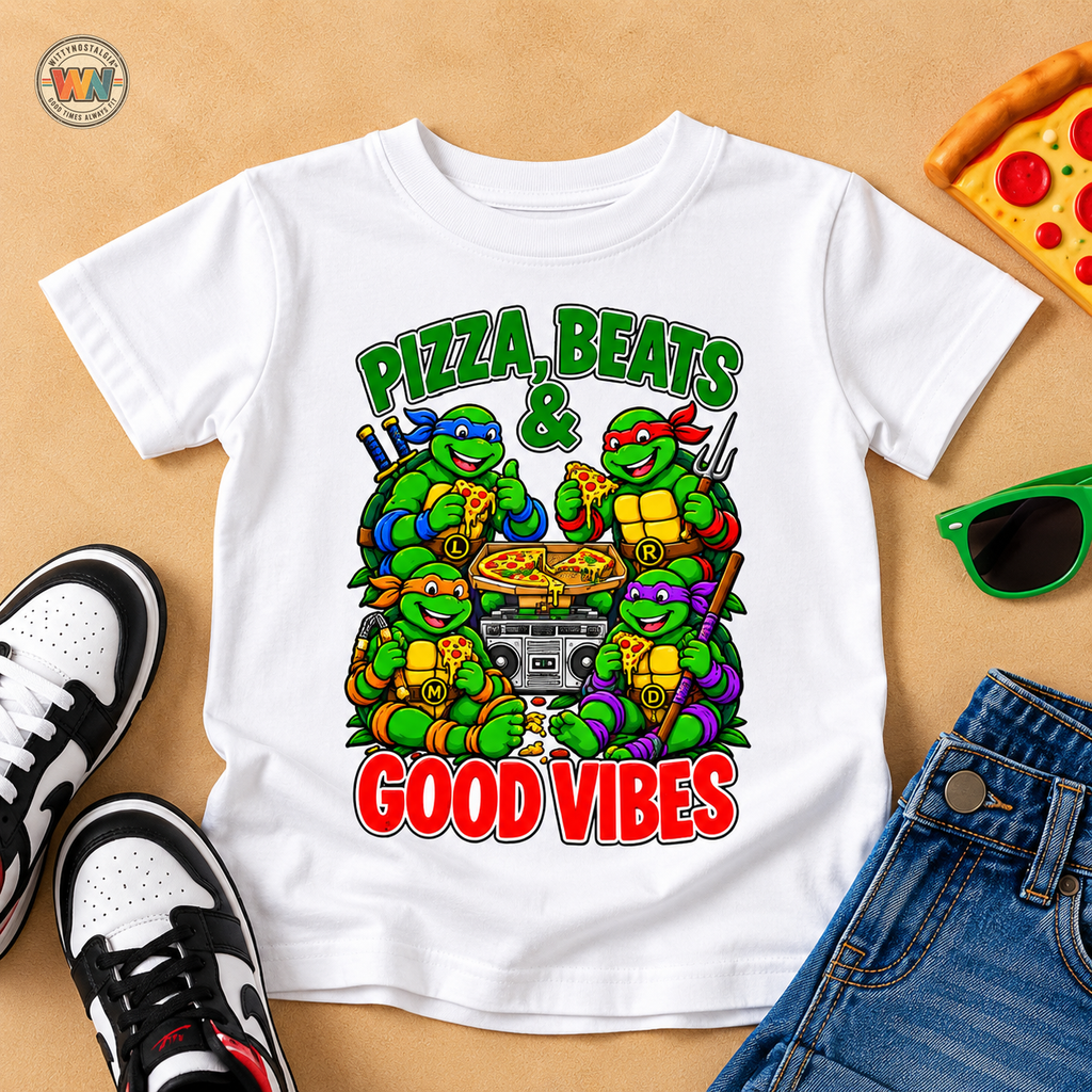 Pizza, Beats and Good Vibes Toddler Tee | Ninja Turtles Cartoon Pizza Party Design