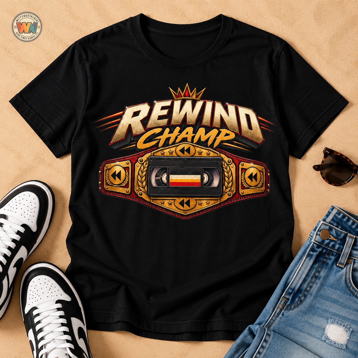 Rewind Champ cassette belt graphic T-Shirt | Retro Hip Hop audio nostalgia tee | 1990's 2000's Nostalgia Throwback
