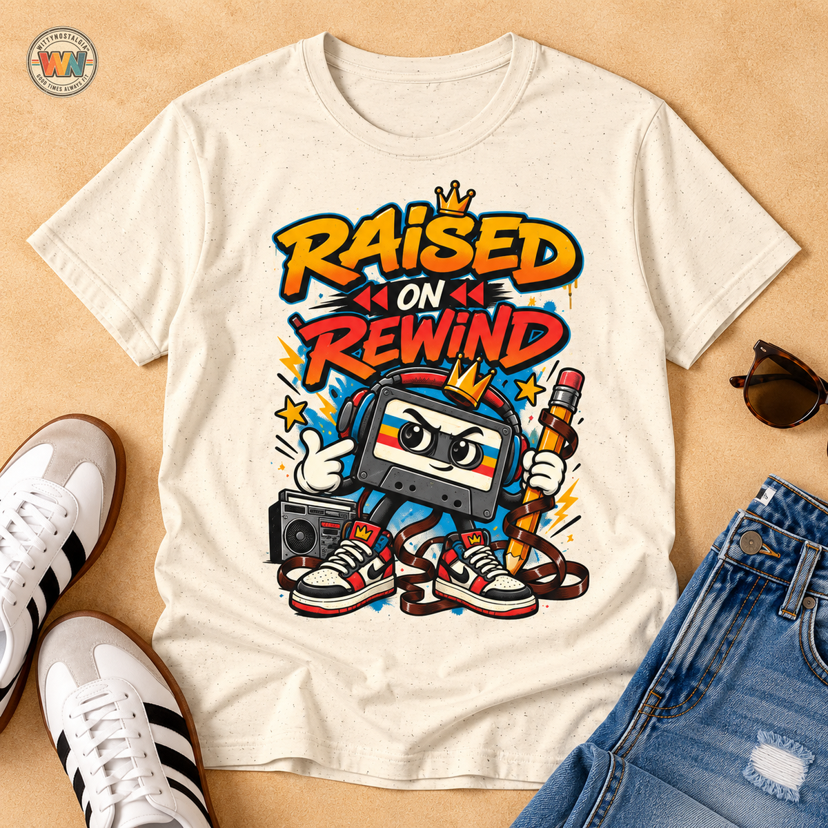 Raised on Rewind Hip Hop T-Shirt | Retro Cassette Tape 90s Nostalgia | 1990's 2000's Nostalgia Throwback