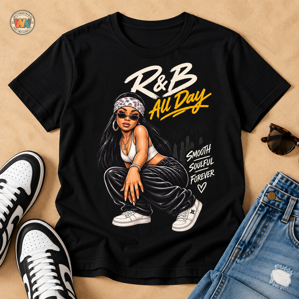R&B All Day Graphic T-Shirt | Hip Hop Girl Palm Trees Urban Vibe Aaliyah esc | 1990's 2000's Nostalgia Throwback