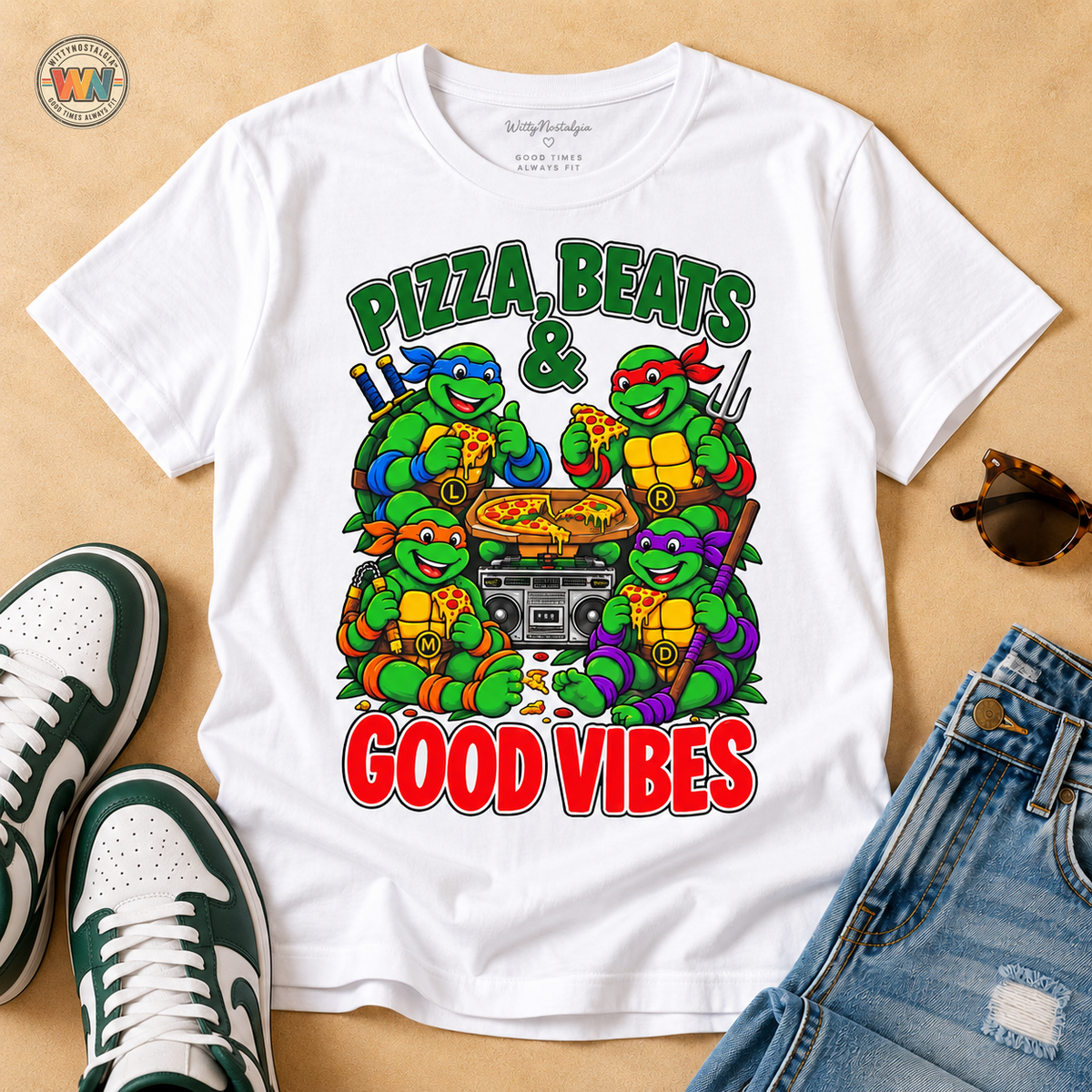 Pizza Beats & Good Vibes Hip Hop T-Shirt | Ninja Turtle Pizza Graphic | 1990's 2000's Nostalgia Throwback