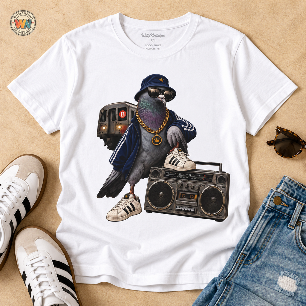 Pigeon Rapper Illustration B Train Boombox Hip Hop T-Shirt NYC | Urban Street Style | 1990's 2000's Nostalgia Throwback
