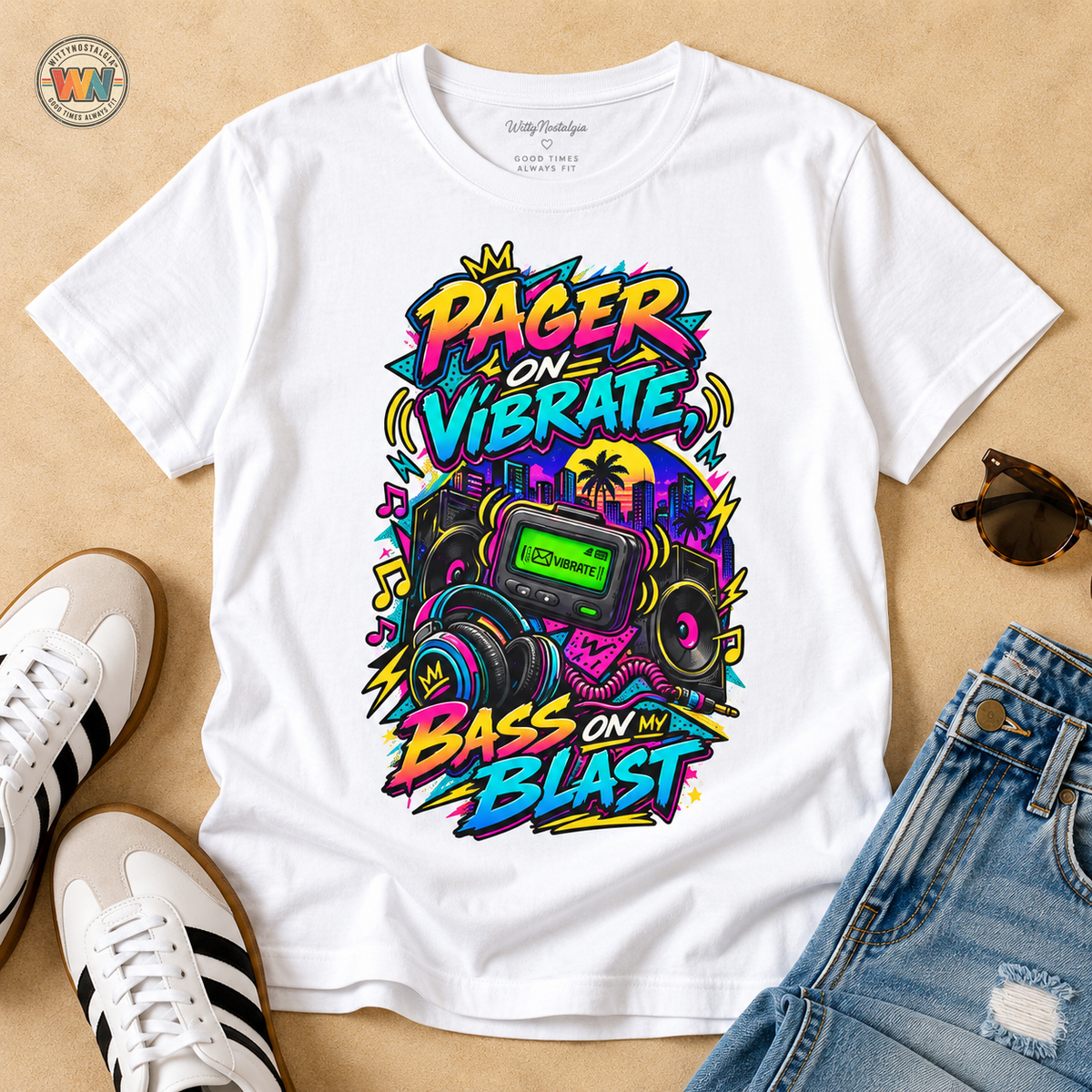 Pager on Vibrate Retro 90s Graphic T-Shirt | Bass on Blast Neon Boombox | 1990's 2000's Nostalgia Throwback