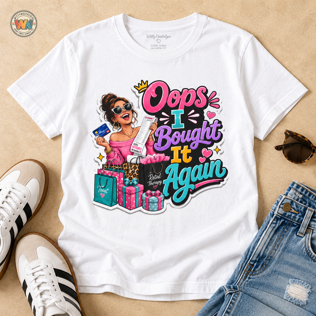 Oops I Bought It Again T-Shirt | Shopping Cartoon Design | 1990's 2000's Nostalgia Throwback
