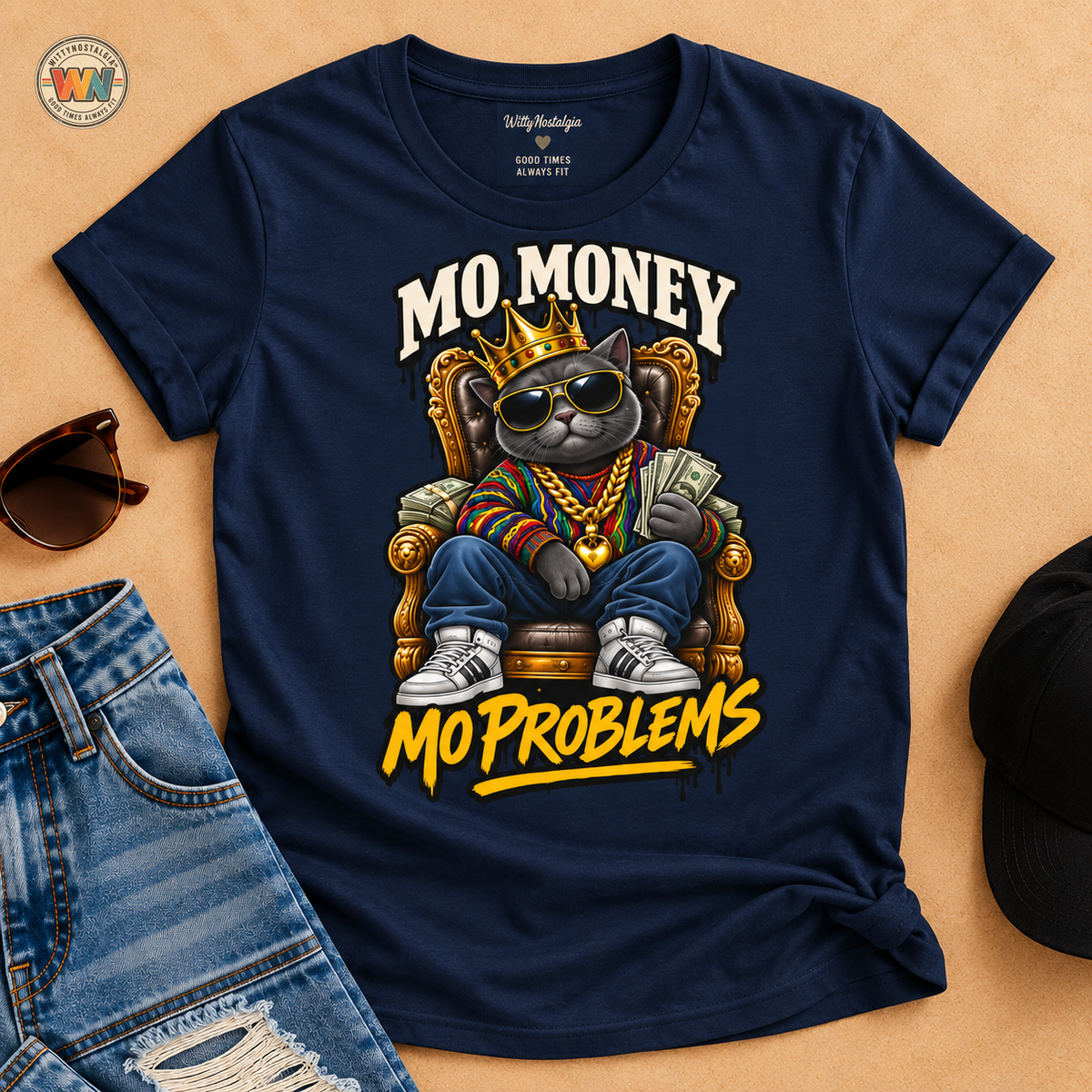 Mo Money Cat Mo Problems T-Shirt | Cat King Illustration | 1990's 2000's Nostalgia Throwback