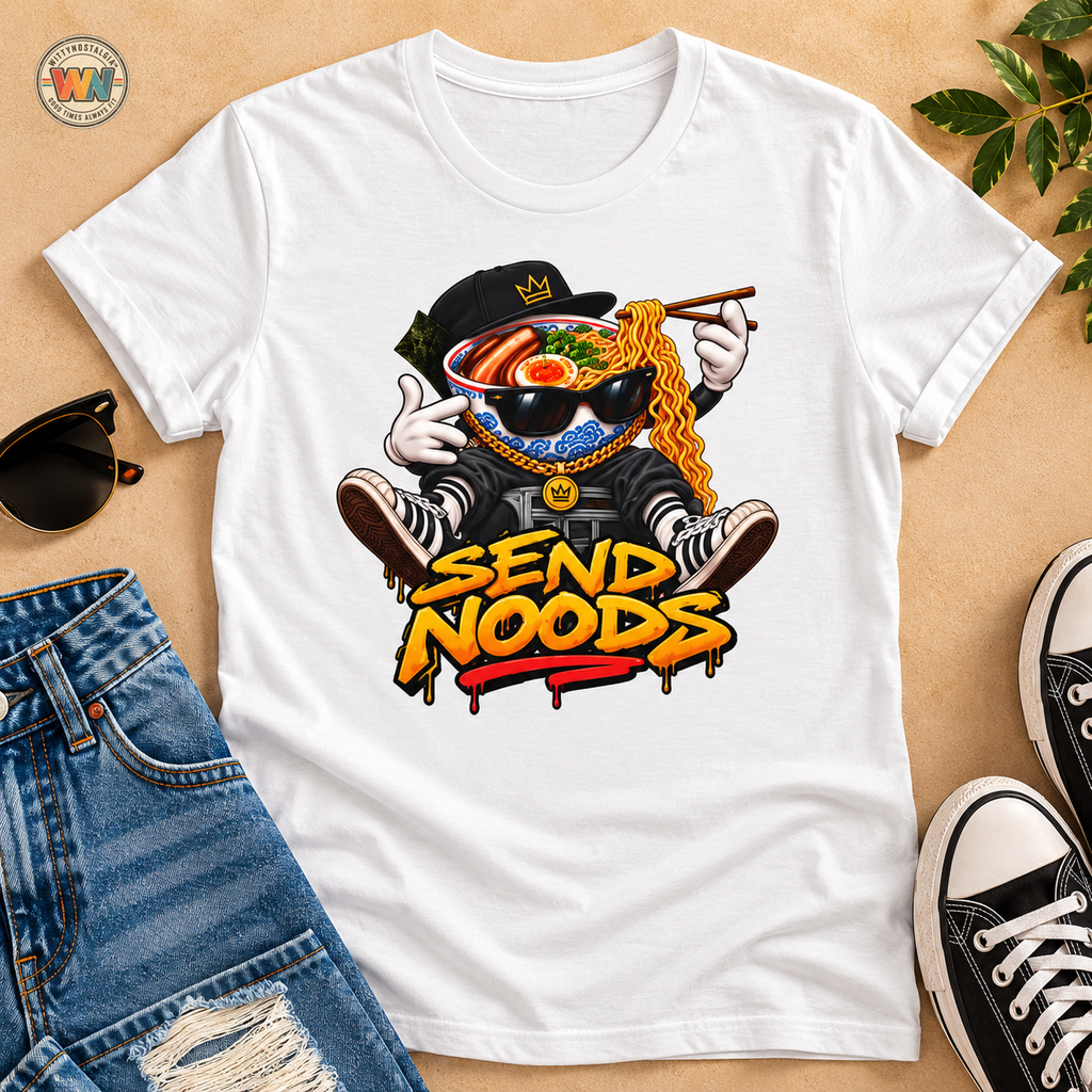 Send Noods ramen graphic T-Shirt | noodle bowl illustration, streetwear vibe | Hip Hop Pop Culture
