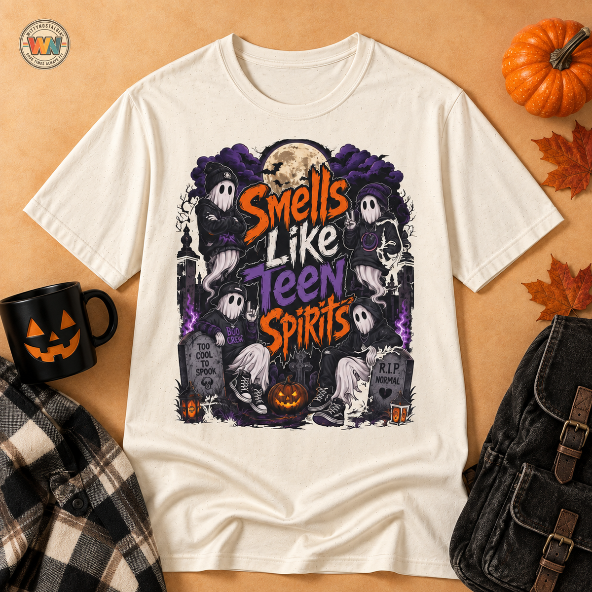 Smells Like Teen Spirits T-Shirt | Halloween Ghosts Moon Pumpkin Hip Hop | 1990's 2000's Nostalgia Throwback