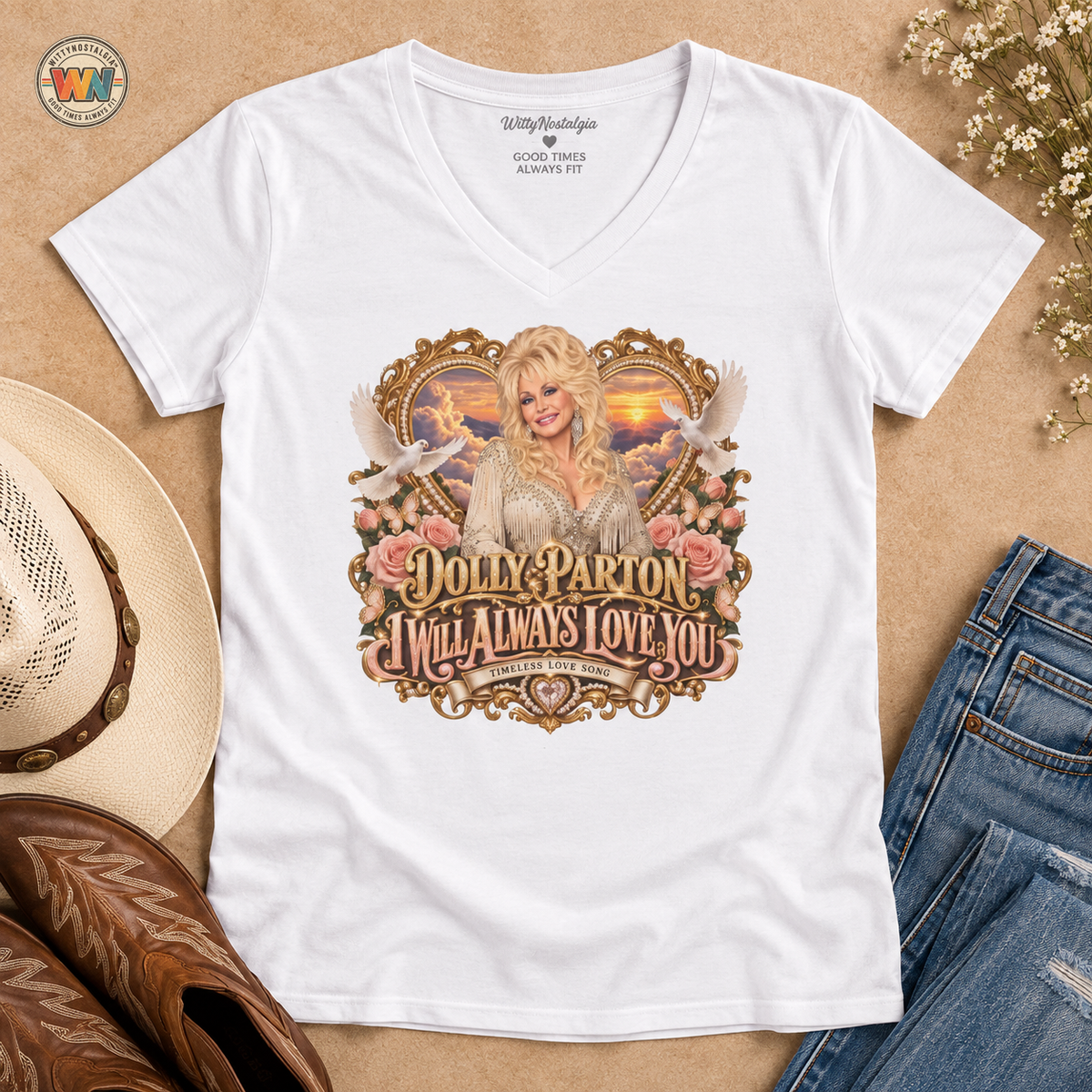 Dolly Parton Portrait V-Neck T-Shirt Pink | Dolly Parton Always Love You | Memorial Tribute