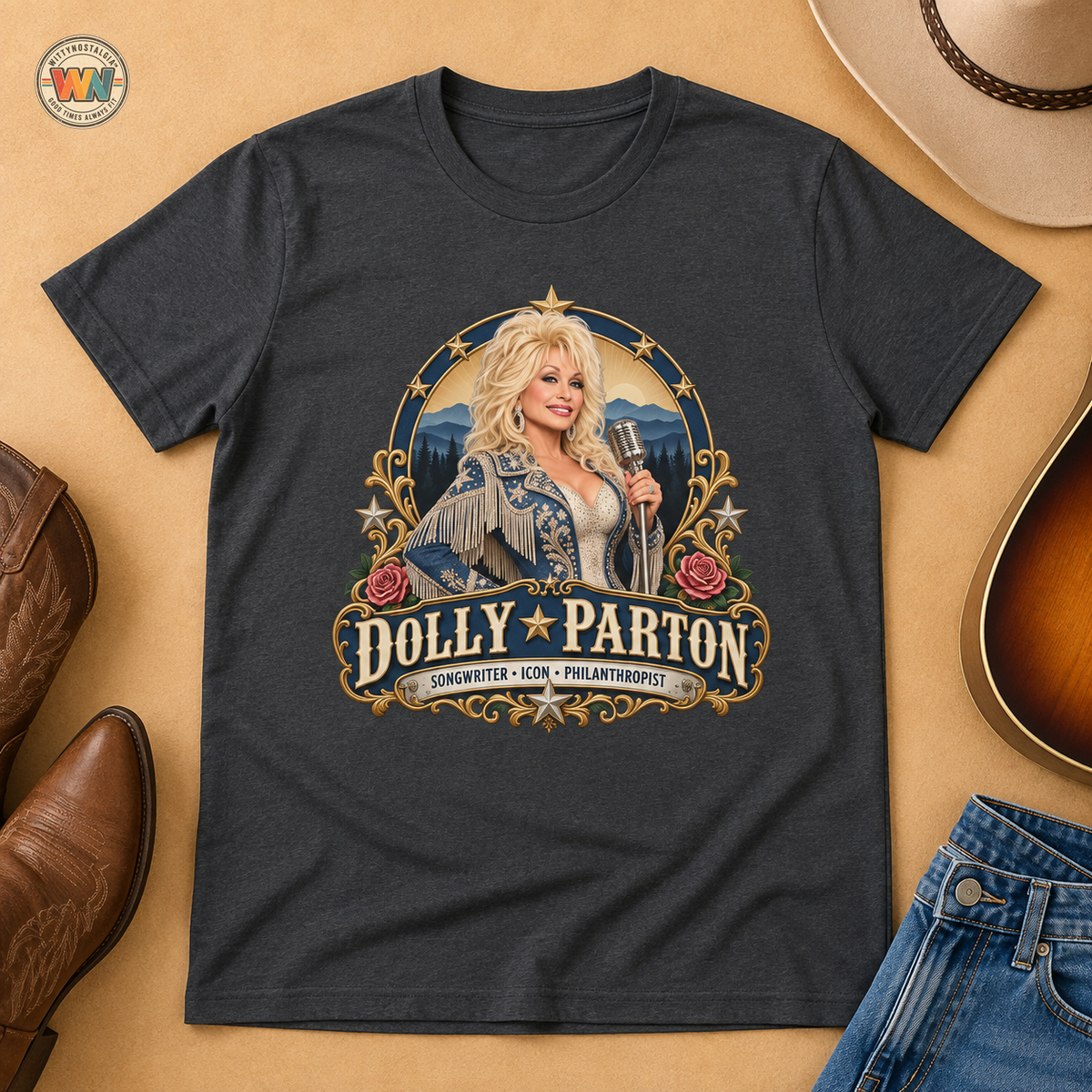 Country Singer Dolly Parton Portrait T-Shirt | Retro Western Microphone Design