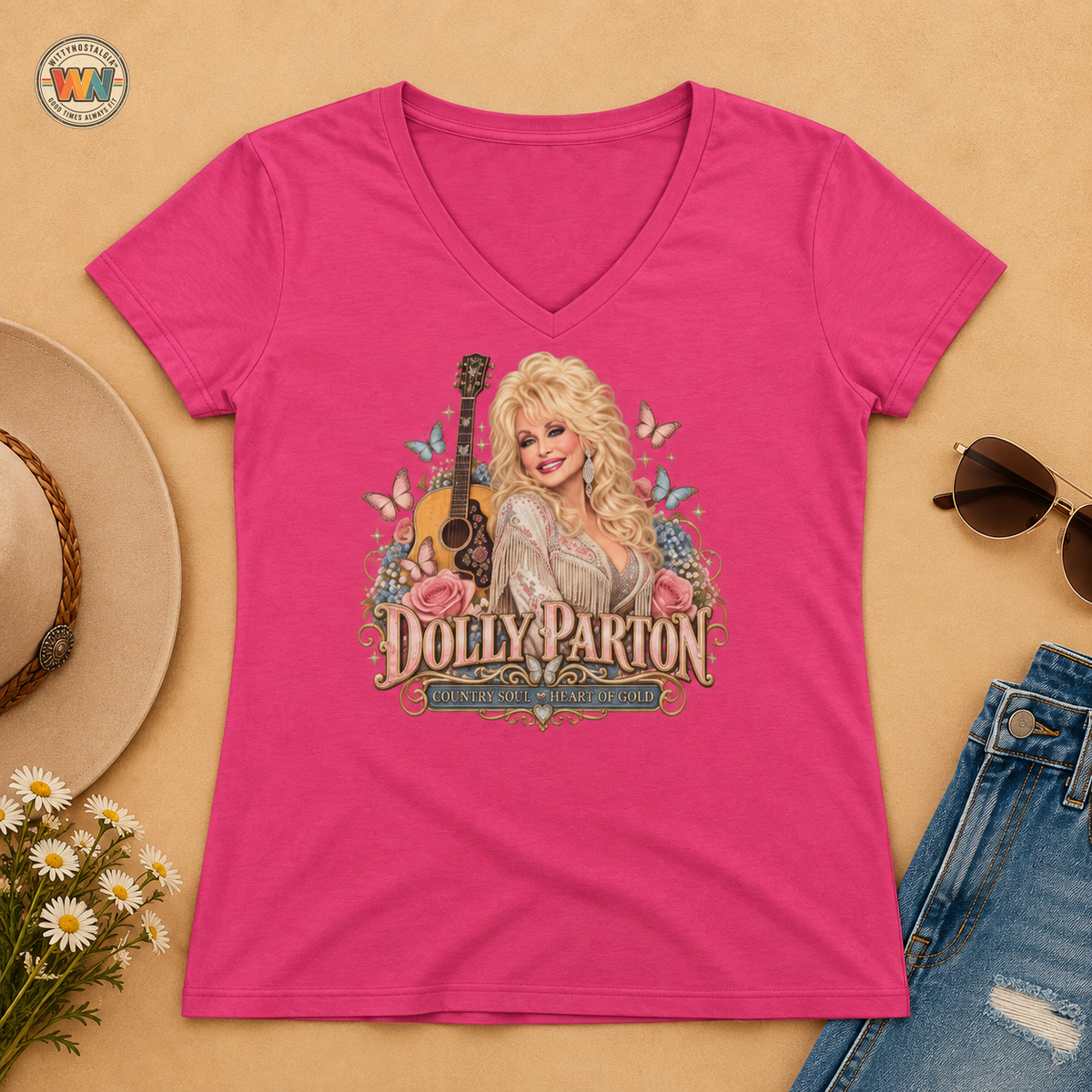 Country Music Singer Portrait T-Shirt Dolly Parton | Vintage Guitar Floral Design