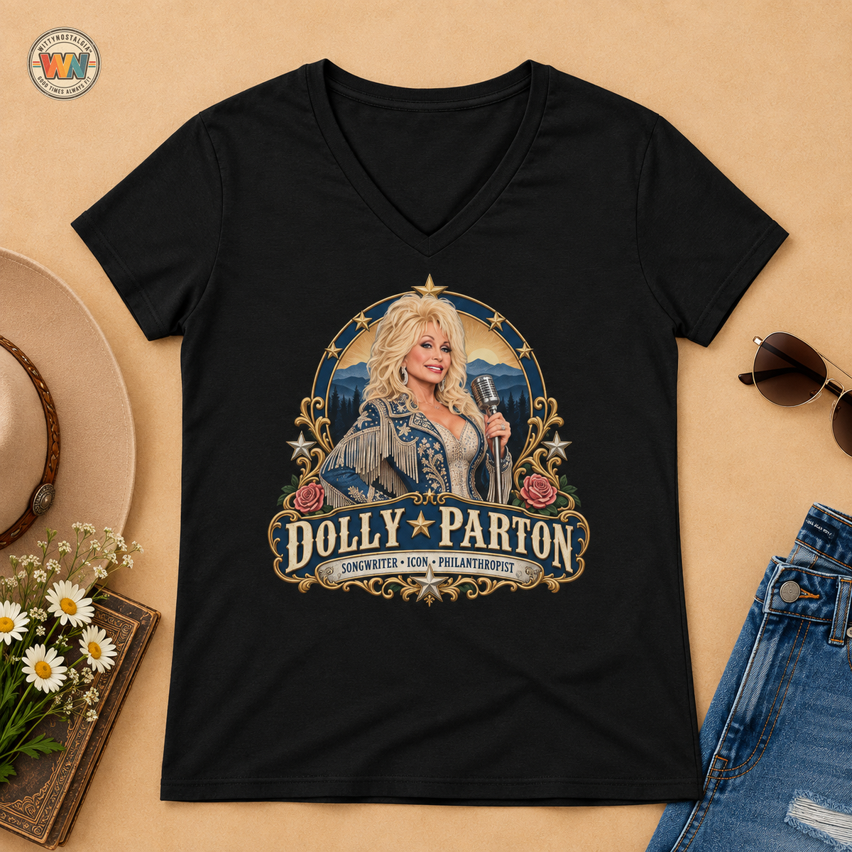 Dolly Parton Portrait V-Neck Tribute T-Shirt | Country Music Icon Tee
