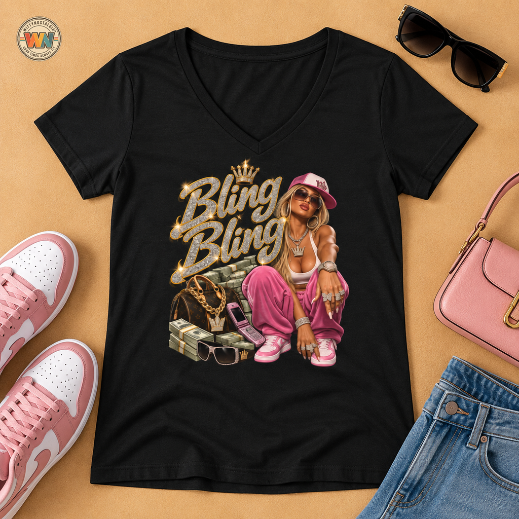 Bling Bling Graphic V-Neck Tee | Retro Hip Hop Babe, Gold Chains | 90s 00s Hip Hop Pop Culture Nostalgia