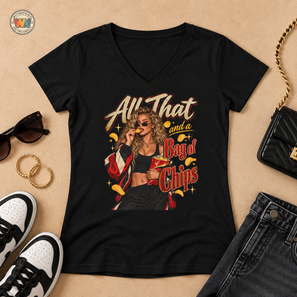 All That And A Bag of Chips Graphic V-Neck Tee | Retro Pinup Illustration | 90's 00's Hip Hop Pop Culture Nostalgia