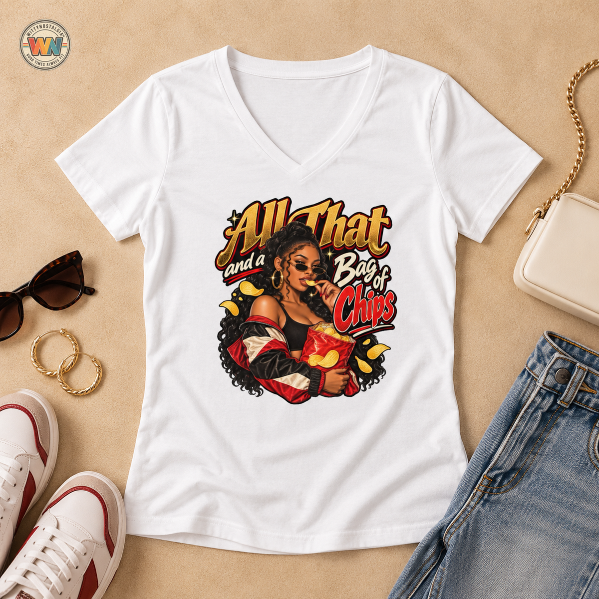 All That and a Bag of Chips V-Neck T-Shirt | Retro Pinup Snack Graphic | 90s 00s Hip Hop Pop Culture Nostalgia