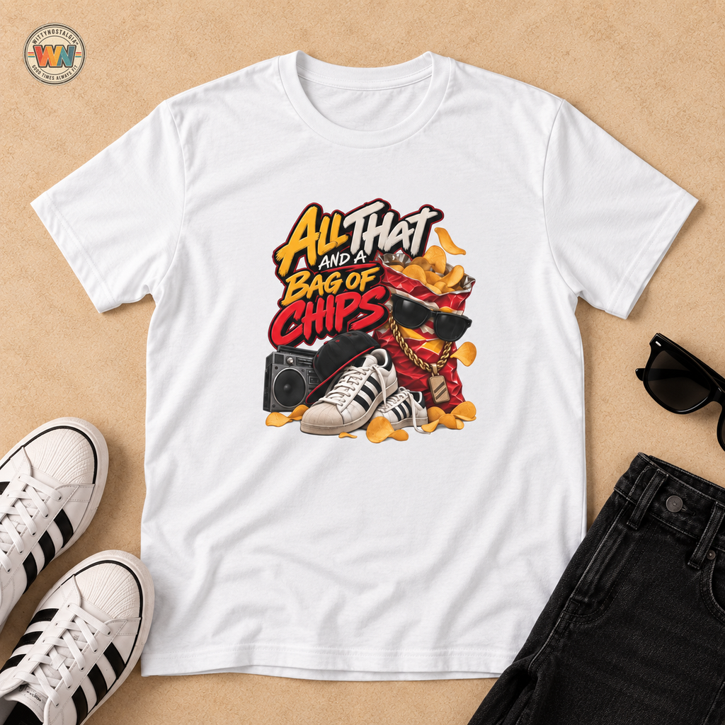 All That and a Bag of Chips T-Shirt | Retro Snack Graphic Tee | 90's 00's Hip Hop Pop Culture