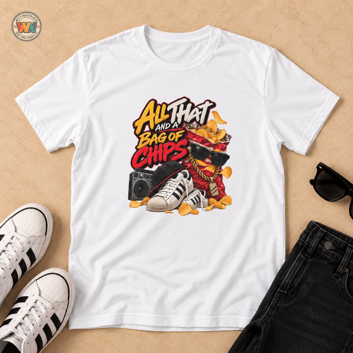 All That and a Bag of Chips T-Shirt | Retro Snack Graphic Tee | 90's 00's Hip Hop Pop Culture