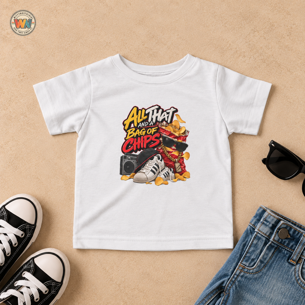All That and a Bag of Chips Toddler Tee | Retro Sneaker Snack Graphic
